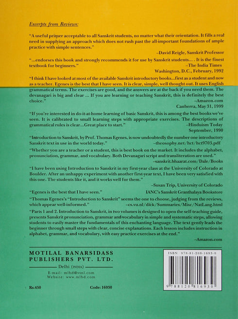 Introduction to Sanskrit: Part 2 (Part II)- By Thomas Egenes (Author) - MLBD Publications