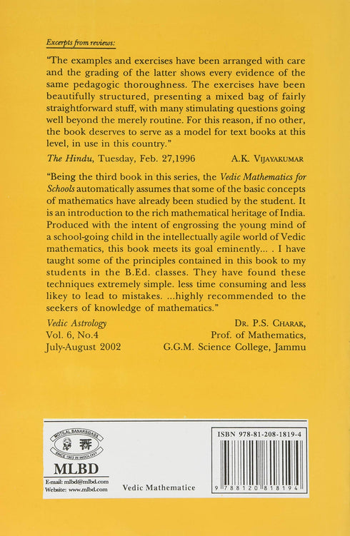 Vedic Mathematics For Schools - Book 3 (PB) - By James T. Glover (Author) - MLBD Publications